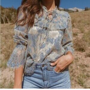 Floral Lace Blouse - Blue and Cream current air size medium